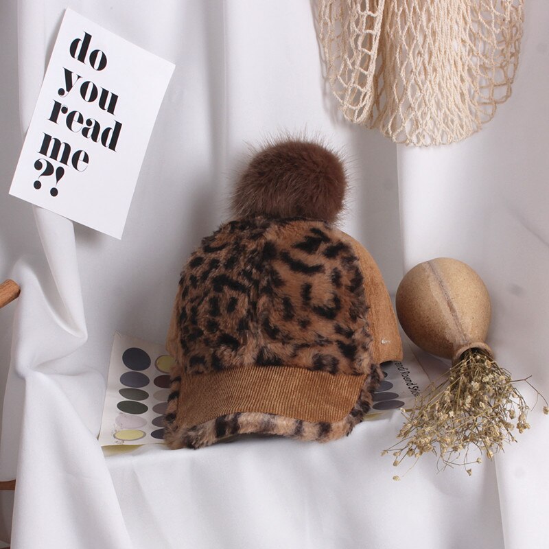 Leopard print baseball kasketter varm pom pom hat børn toddler baby pige vinter hat cap: Kaffe