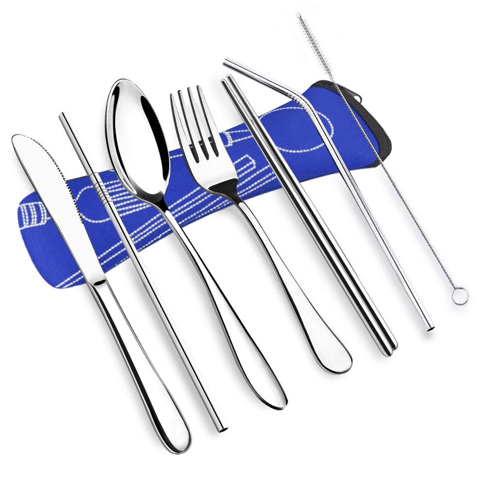 Servis set rostfritt stål servis med vete halm handtag kniv gaffel sked middag set kök servis: Djupblå
