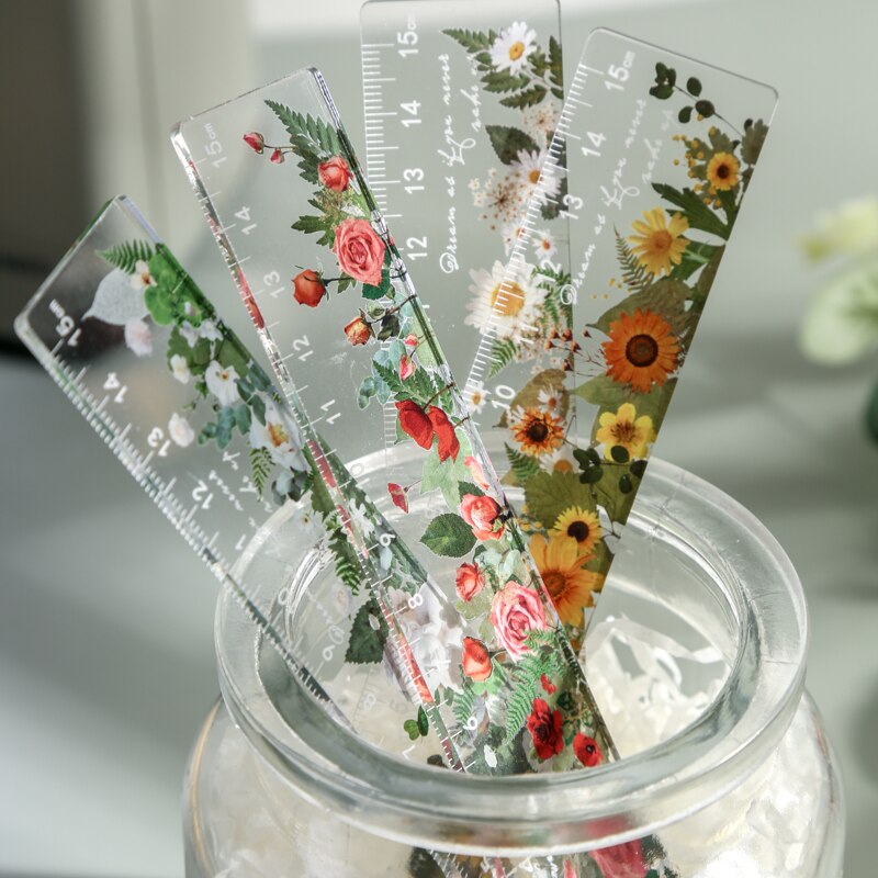 Regla de margaritas Rosa multifunción, 15 cm, herramientas de dibujo DIY, reglas con flores para estudiantes, escuela, suministros de oficina