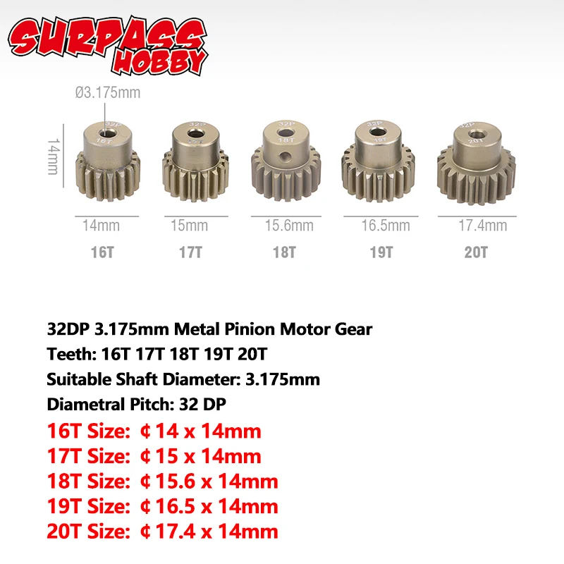 SURPASS HOBBY 5PCS 32DP 48DP 64DP M0.6 M0.8 Motor Gear Metal Pinion 12T-50T for 1/10 1/12 RC Car 3.175mm Shaft Motor 540 3650: Red