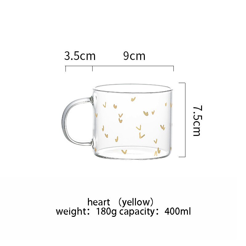 400ml Alphabet Cartoon Heart Pattern Mug Glass Handle Mugs For Milk Coffee Beer Home Office Drinnkware Water Cup Couple: heart yellow