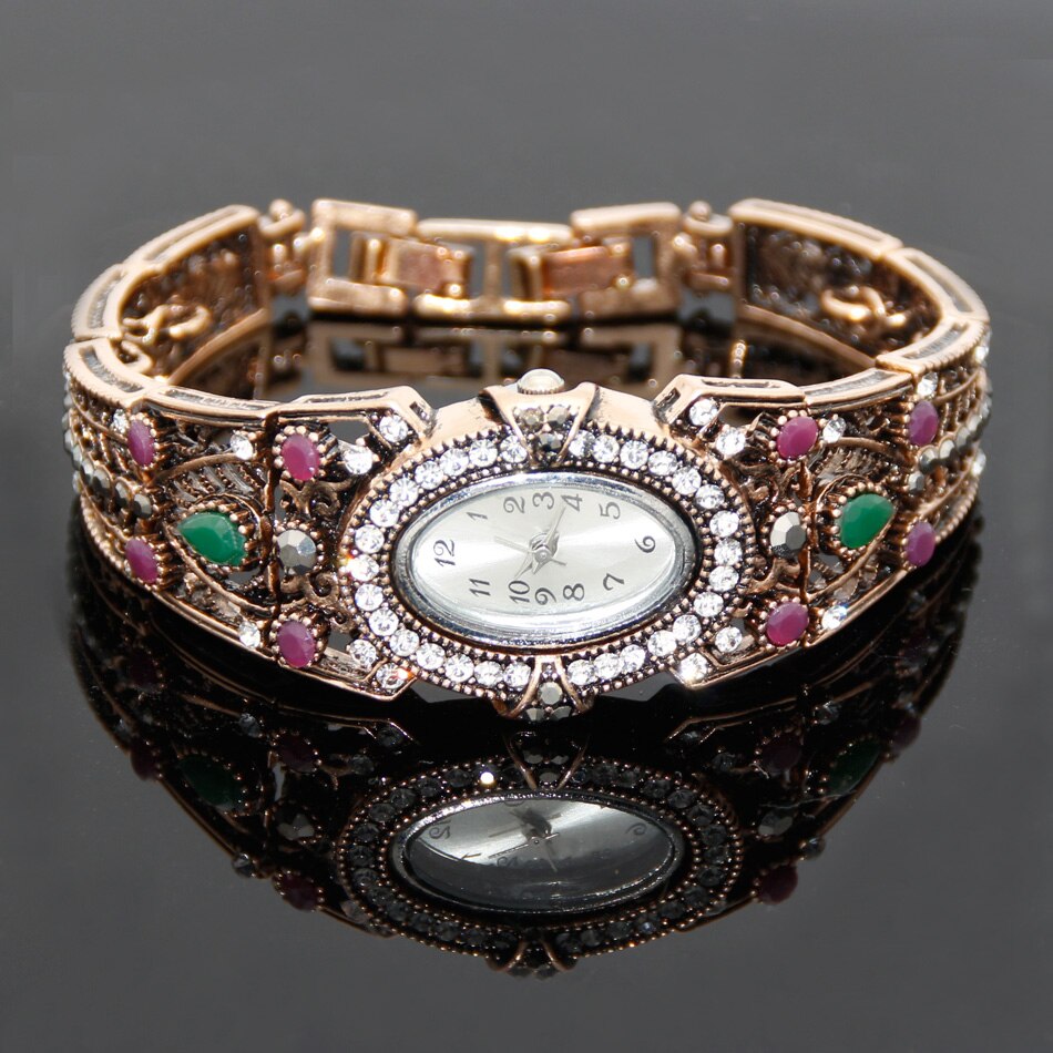Vintage Turkse Polshorloge Bangle Sieraden Vrouwen Ronde Bloem Quartz Horloge Armband Antieke Kleur Aanpassen Grootte Egeïsche Zee Manchet
