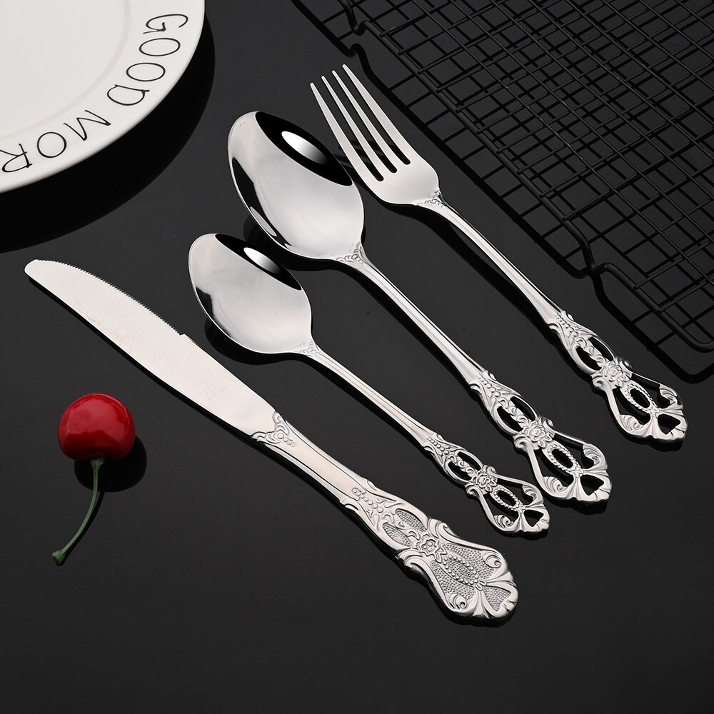 6-24pcs Luxury Wedding Silverware set Silver Dinnerware Knife Fork Tea Spoon Retro Kitchen Flatware Tableware Cutlery Rack Set