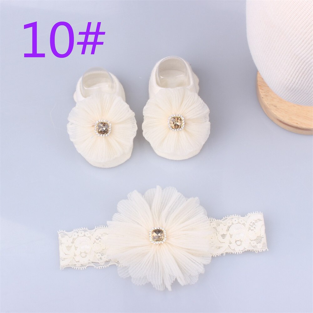 Leuke Baby Floor Sokken Antislip Ademend Voor Kind Meisjes Baby Peuter Sokken Met Kant Bloem Elastische Haarbanden Sets: 10