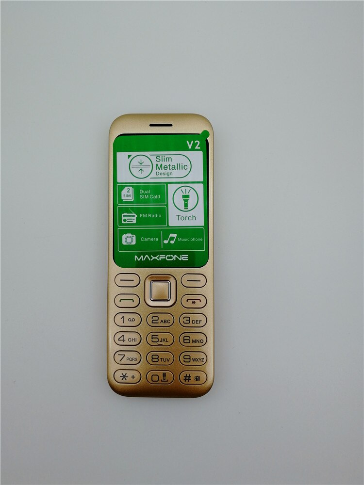 Maxfone V2 Original Push-button Cell Phone With 1.77 inch Screen Dual Sim Camera Bluethooth Big Torch FM Cheap Bar Mobile Phone: Eng Key Add 4G Card / Gold