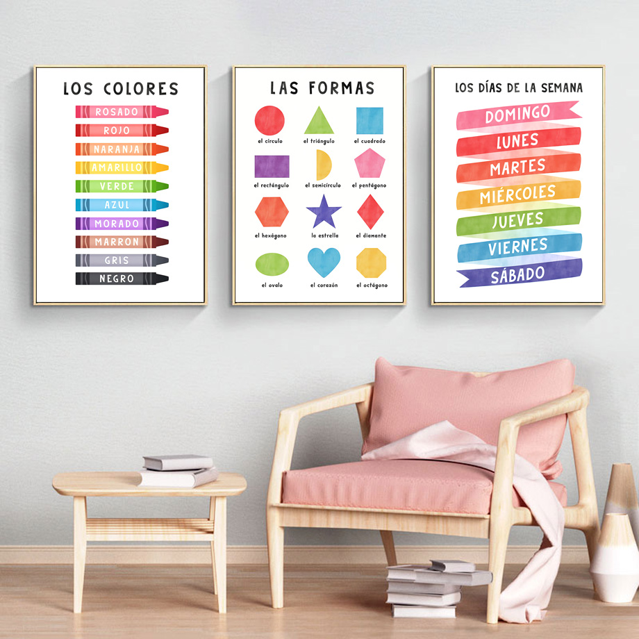 Alfabeto español educativo, números, clima, arte de pared para guardería, pintura en lienzo, carteles e impresiones, imagen para decoración de habitación de bebés y niños