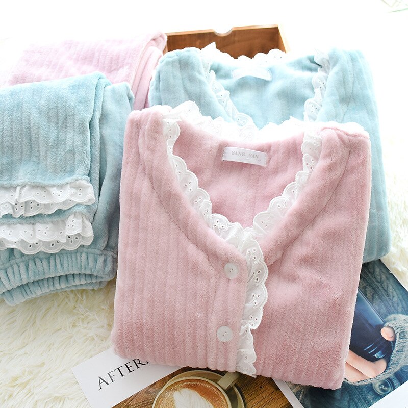 Julis sang varm flannel pyjamas sæt kvinder vinter efterår pyjamas blonder pink nattøj tykt blødt hjemmetøj til damer