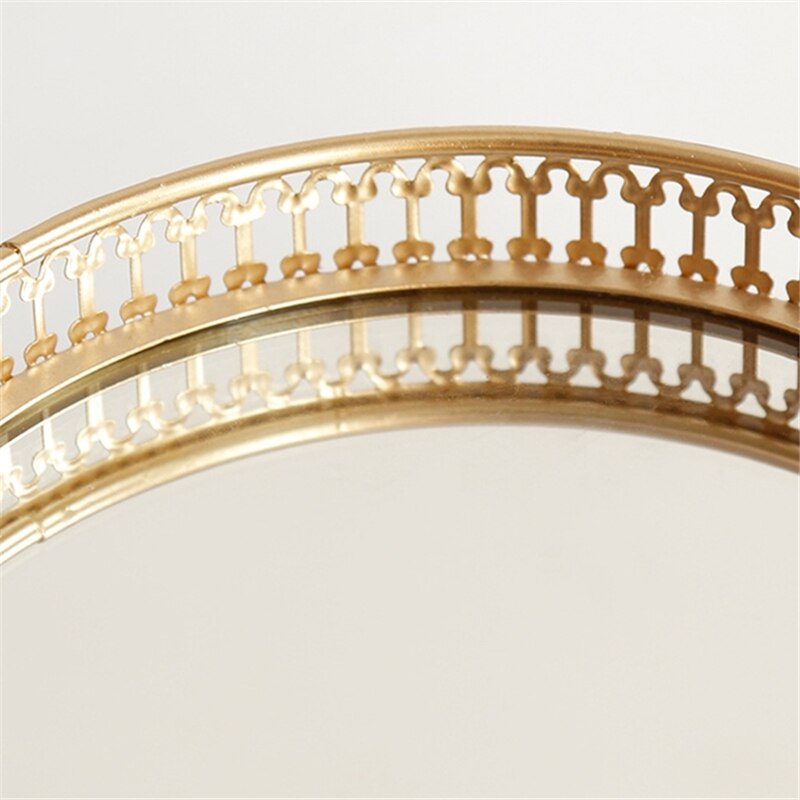 Retro golden iron glass metal storage tray golden round fruit tray desktop small items jewelry display tray mirror
