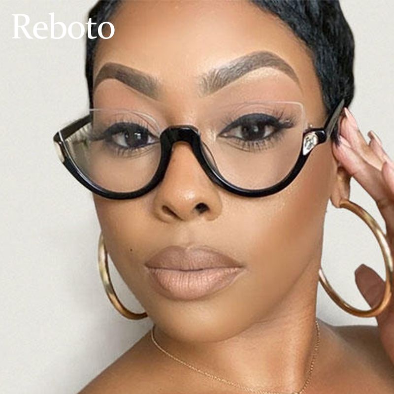 Trendy Glasses Frame Women Half Frame Black Anti Blue Light Eyeglass Frame Luxury Crystal Cleear Glasses Frames Okulary