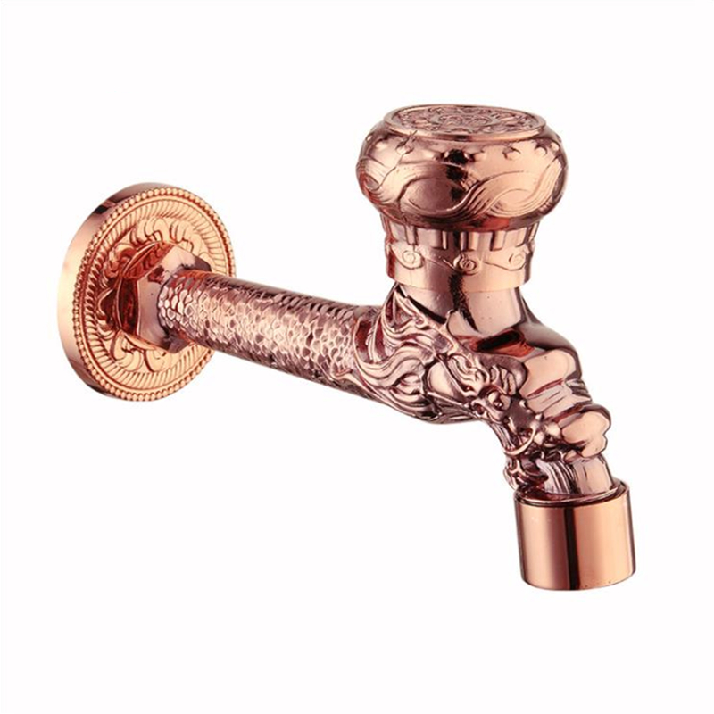 Outdoor Faucet Single Cold Tap Faucet Garden Bibcocks Rose Gold Brass Dragon Carved Long Faucet