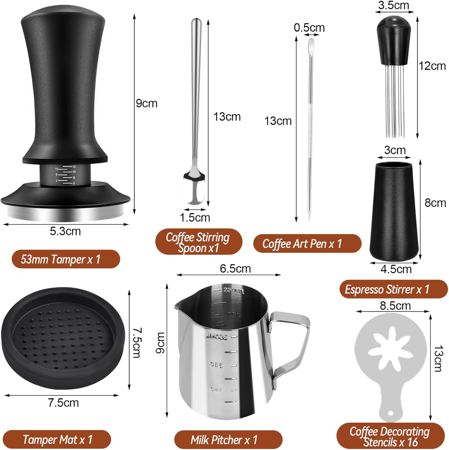 22 stk. espressotilbehørssett, 51/58mm barista-sett med wdt-verktøy, melkeskummer, lattekunstpenn, kafferører, tampermatte