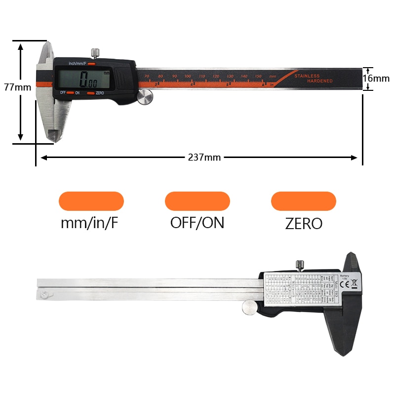 Digital Vernier Caliper Stainless Steel 150mm 6 Inch Fraction / MM / Inch LCD Caliper Gauge Micrometer