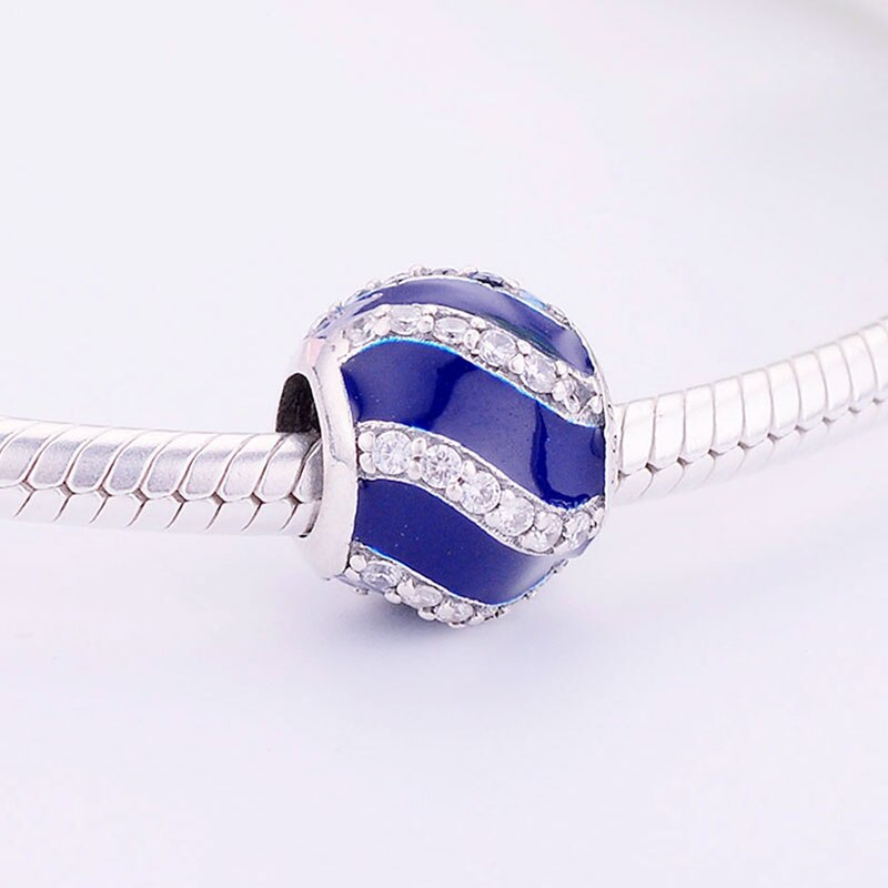 Fit Original Brand Charm Bracelet 925 Sterling Silver Blue Enamel Stripe Zirconia Crystal Bead For Making Women Berloque