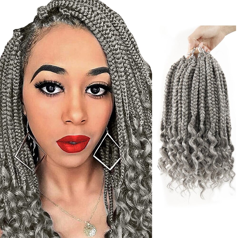 Crochet Hair Box Braids Curly Ends Synthetic Ombre Hair 15 Strands 12 Inch Braiding Hair Extensions For Black Women: #Silver Gray / 6Pcs/Lot
