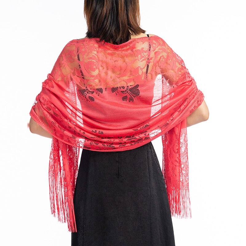 Kanten Sjaal Bruid En Bruidsmeisje Vrouwen Sjaal Wraps Party Holle-out Gehaakte Bloemen Tassel Tulle Sjaals Dames Retro Shawl: Watermelon Red