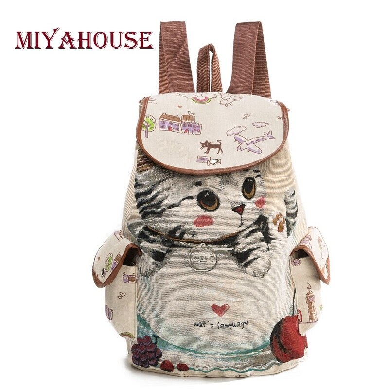 Miyahouse Women Canvas Backpack Cats Printed Backpack For Teenage Girls Female Drawstring Backpacks Girls School Bags