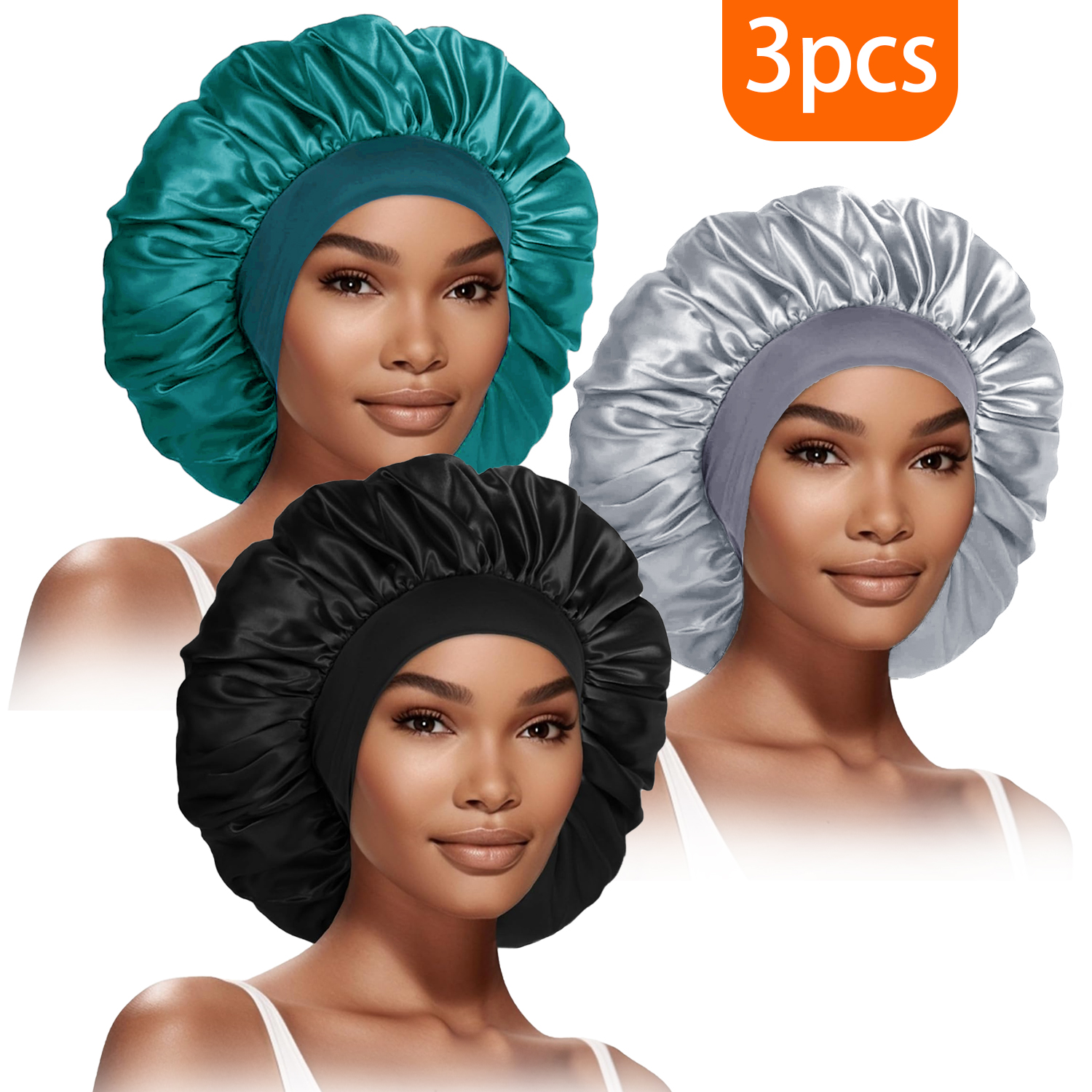 3 stuks damesmode motorkap grote brede rand elastische hoed casual sport zijde glad geschikt voor gekruld steil haar slaapmuts: Paleturquoise