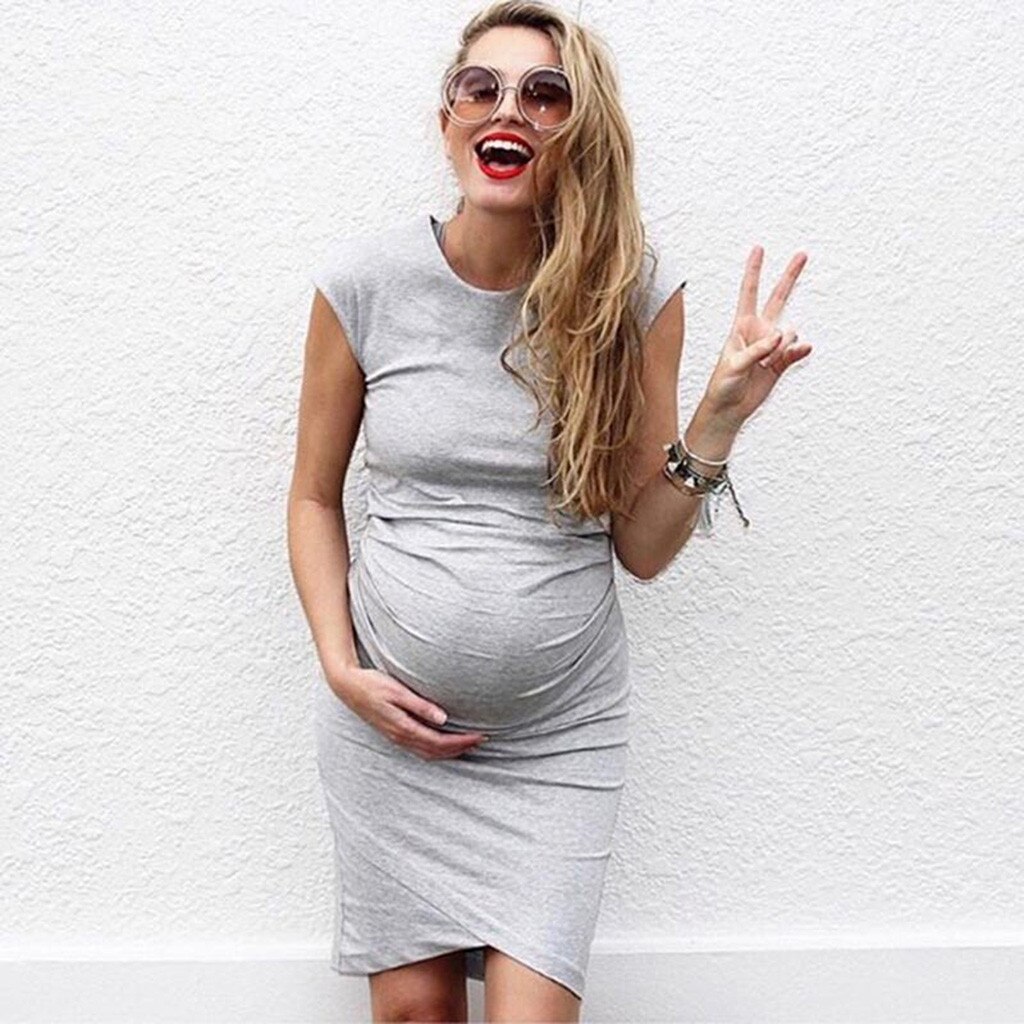 Maternity Dresses For Photo Shoot Sleeveless Dresses Cartoon Printed Cute Solid Pregnancy Dresses Comfy Pregnant Women Clothes: Gray / XXL
