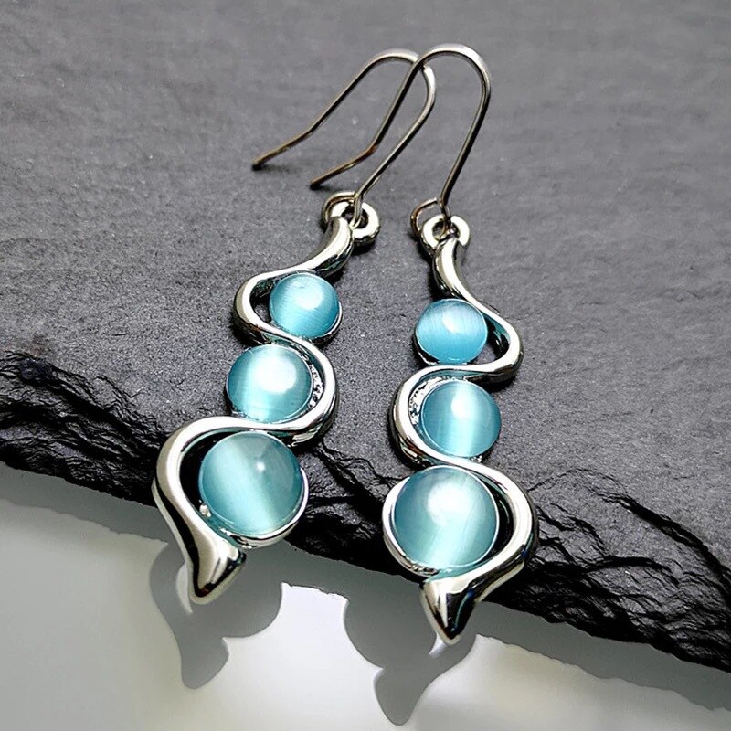 Retro Blue Opal Earrings Female Long Jewelry Bohemian Curve Beaded Earrings Resin Stone Earrings Jewelry
