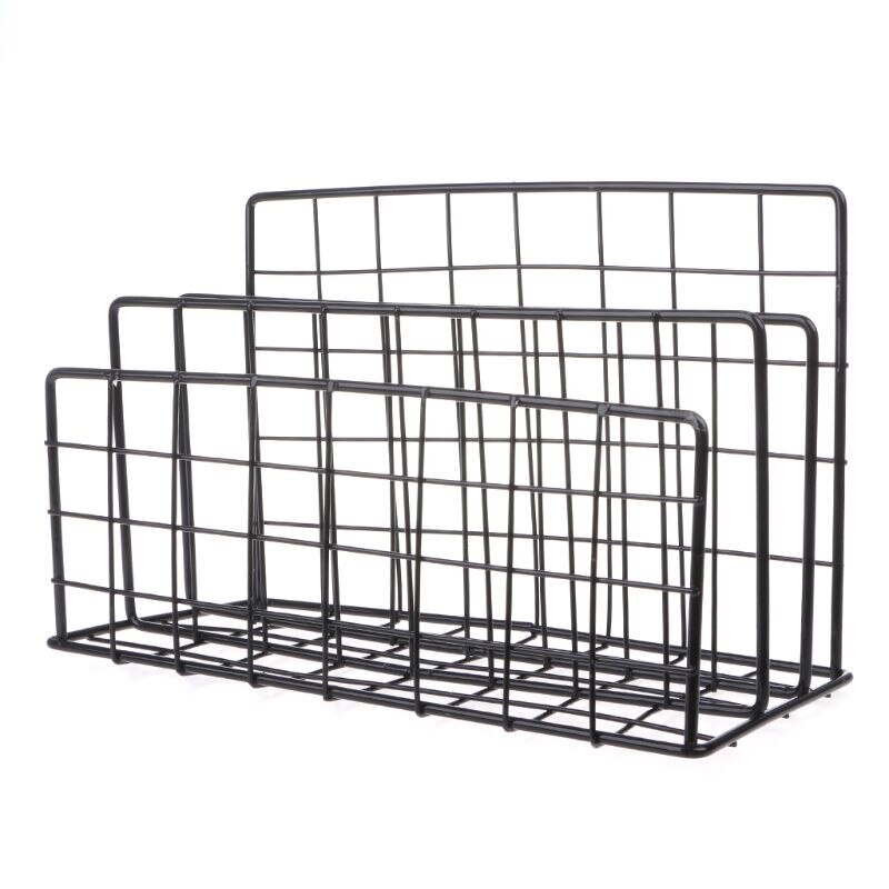 Book Rack Grid Wrought Iron Desktop Storage Rack Bookshelf Magazine File Organizer Holder: Black