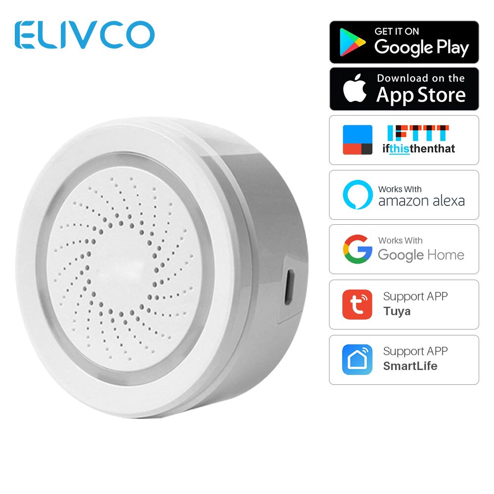 Smart wifi sirene alarm smart hjem sikkerhet ingen hub kreves tuya app varslingsvarsler fungerer med alexa echo google home ifttt