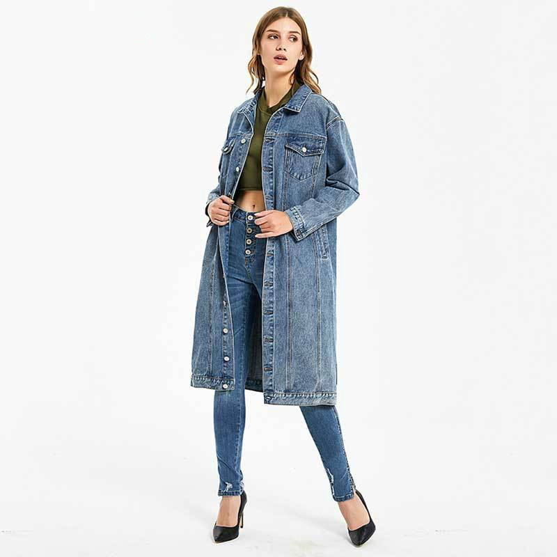 Abrigo vaquero largo para mujer, chaquetas de bolsillo informales, Vintage, azul, a la
