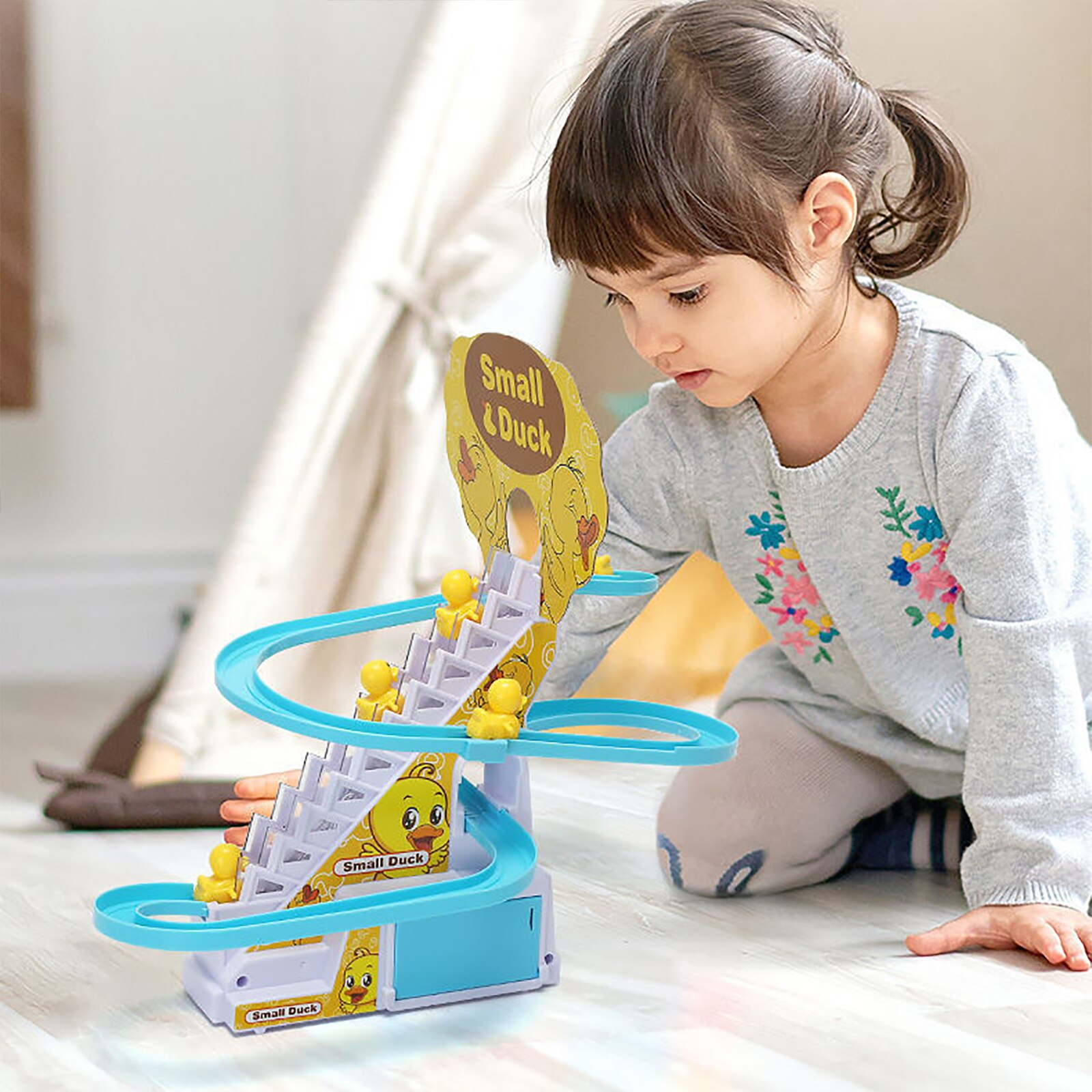 Jouets électriques d&#39;escalade de canard, montagnes russes pour enfants, ensemble de jouets de train de dessin animé, canards, musique électrique, rouleau coulissant