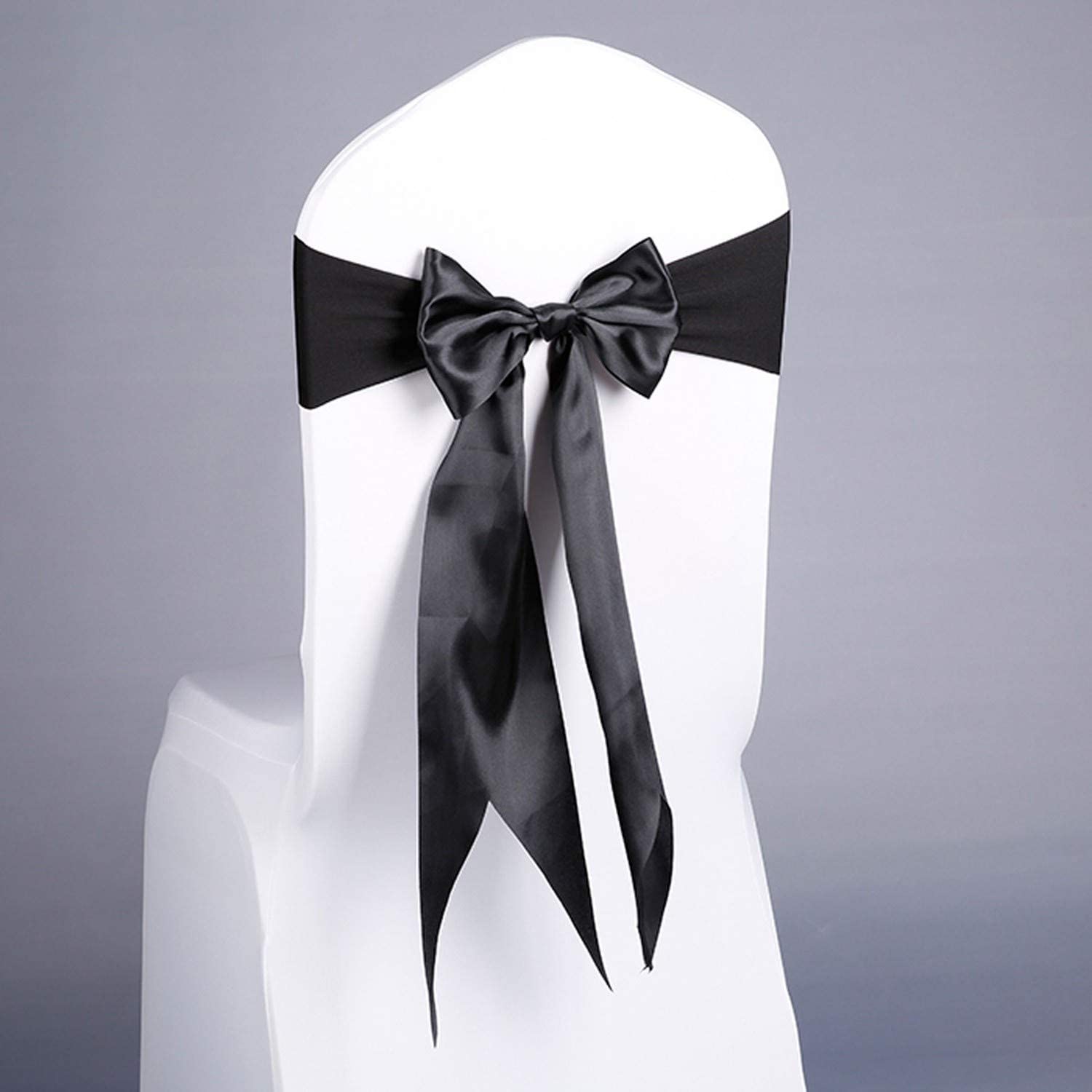 5 unids/lote de lazos de satén rojo con banda elástica para silla, banda de LICRA para ceremonia, boda, decoración de: Negro