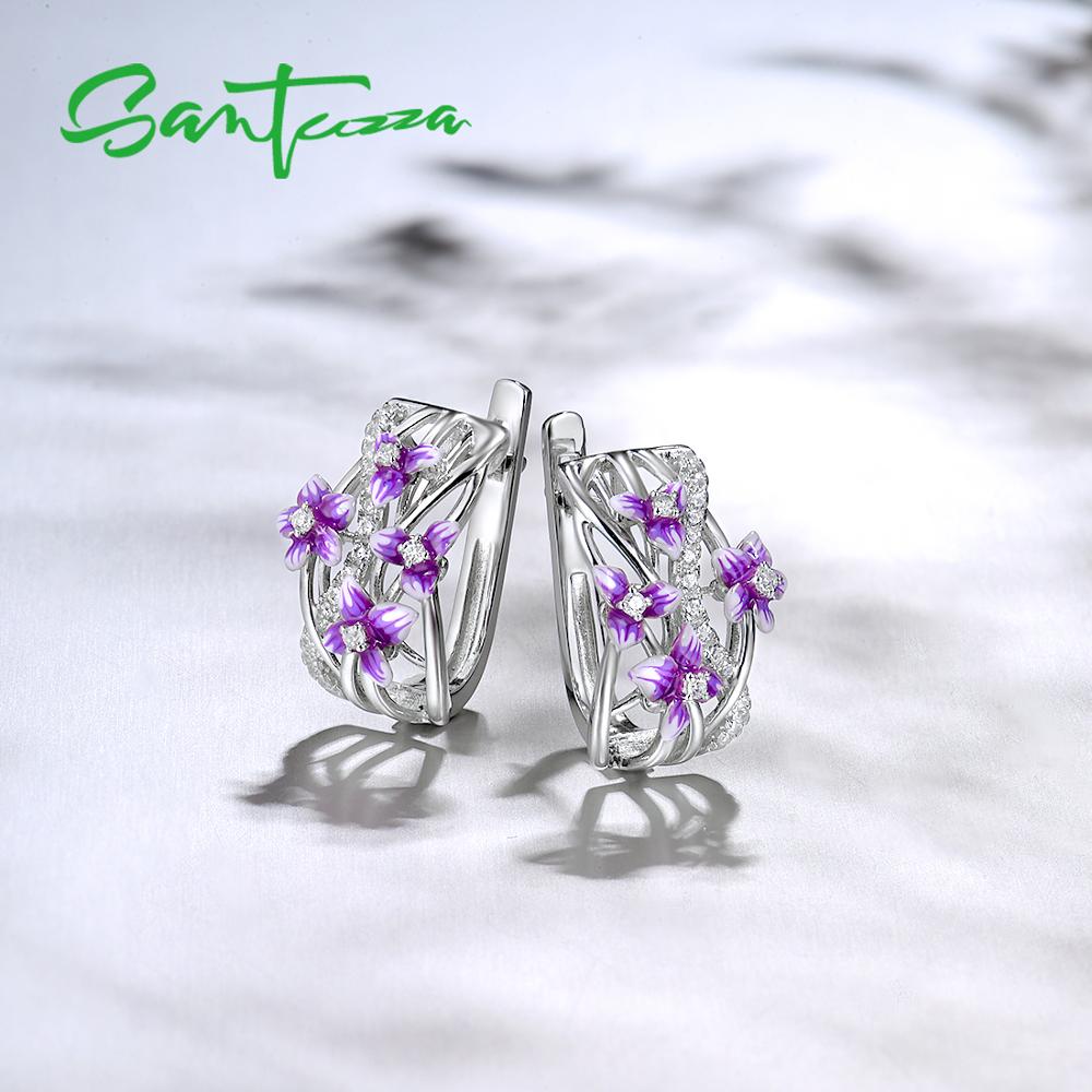 SANTUZZA Orecchini In Argento Per Le Donne Genuine 925 Sterling Silver Delicato Charming Viola Fiore Gioielleria Raffinata Fatti A Mano Smalto