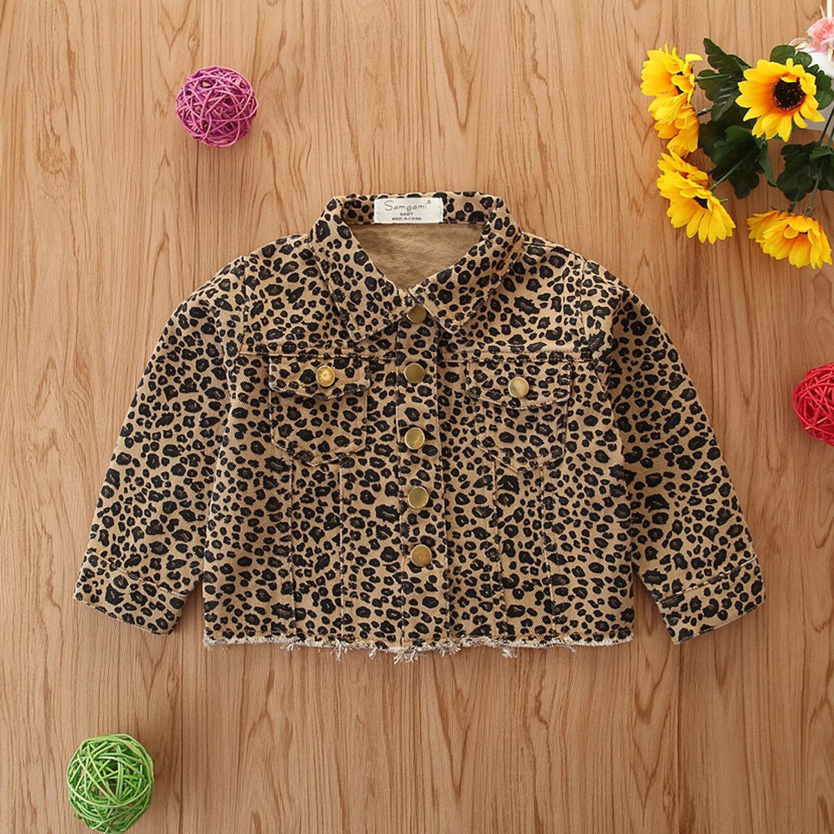 Chaqueta de manga larga con cuello doblado para niña, de leopardo con botones, bolsillos delanteros, a la , primavera y otoño
