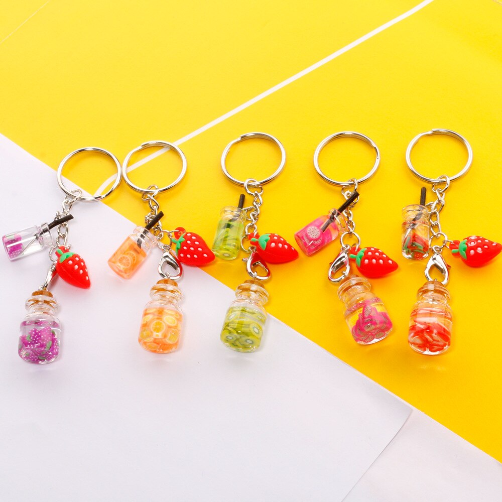 Mini Fruit juice Key Chains for women Summer Funny Drinks Keychain Best Friend Jewelry Bags Car Purse keyring