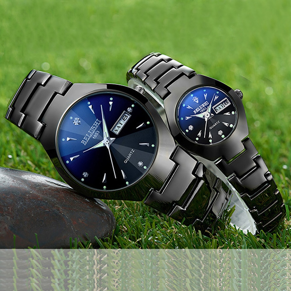 Paar Uhren oben Wolfram Stahl Schwarz Armbanduhr für Männer und Frauen Armbinde Weiblichen Uhr Reloj hombre Liebhaber saat