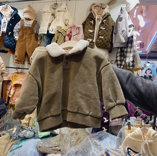 winter Koreaanse losse en veelzijdige fleece katoenen trui wol kraag casual top verdikte en warm: Grijs / 12m