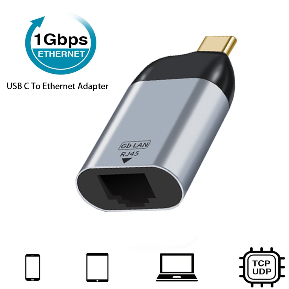 Grey Network Hub 1-Gigabit Aluminum Alloy Plug And Play Computers Travel Accessories USB C To Ethernet Adapter For Thunderbolt 3