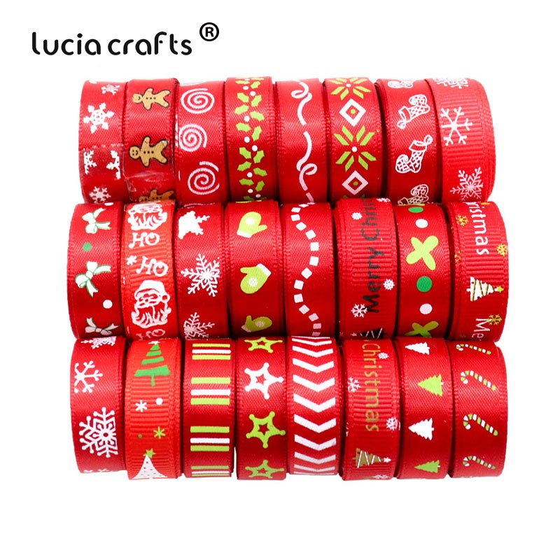 Lucia crafts 12 yards random printi grosgrain satinbånd til juledekoration  s0204: Rød serie