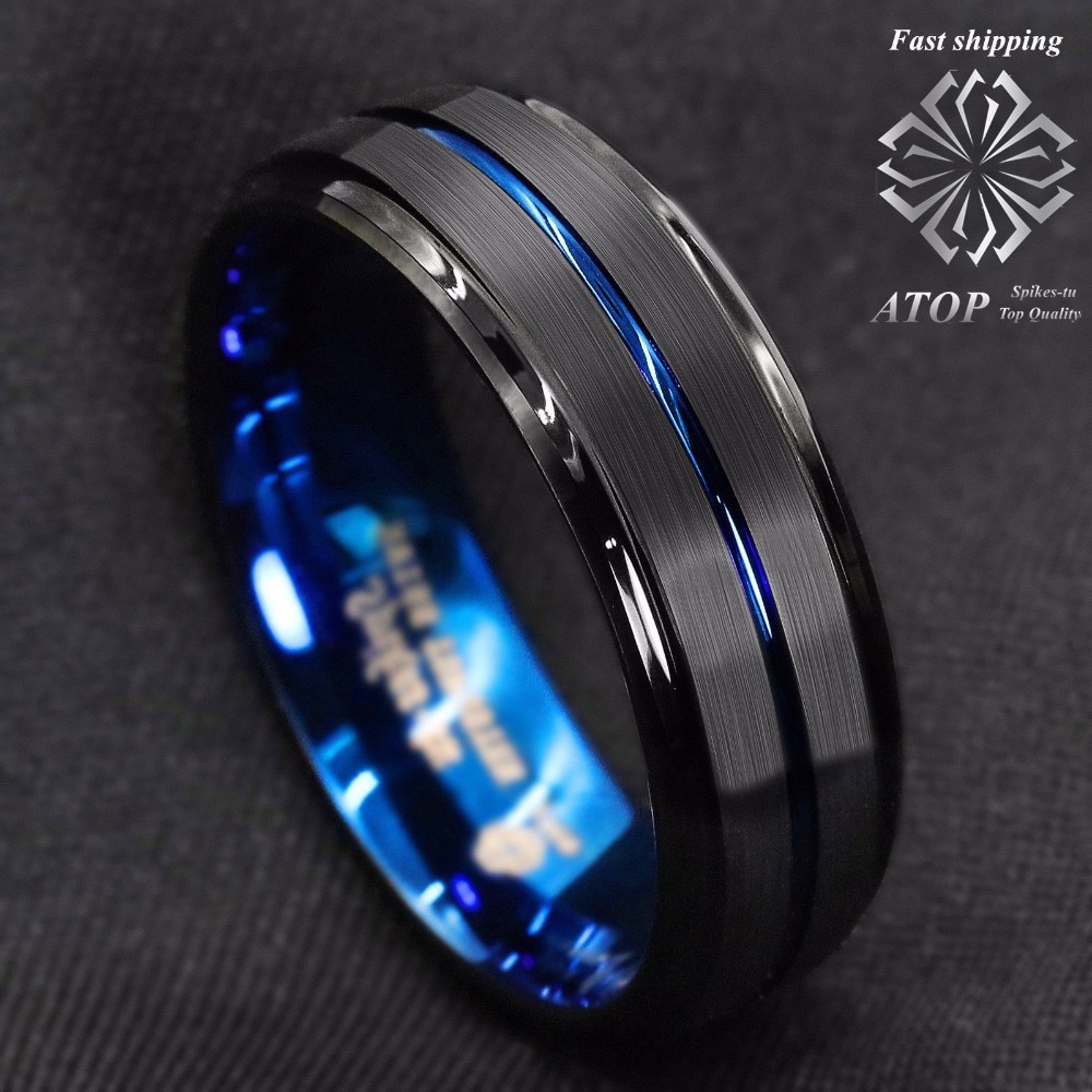 8mm zwarte geborstelde ladderrand wolfraam ringen met blauwe streep bovenop heren trouwring