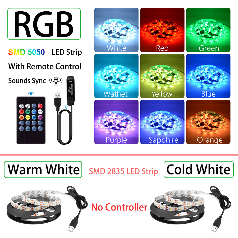 NOWYEY LED Strip 5V 5050 RGB USB Flexible Ribbon With Sound Sensor With 24 Keys Remote Control For TV Background Lighting