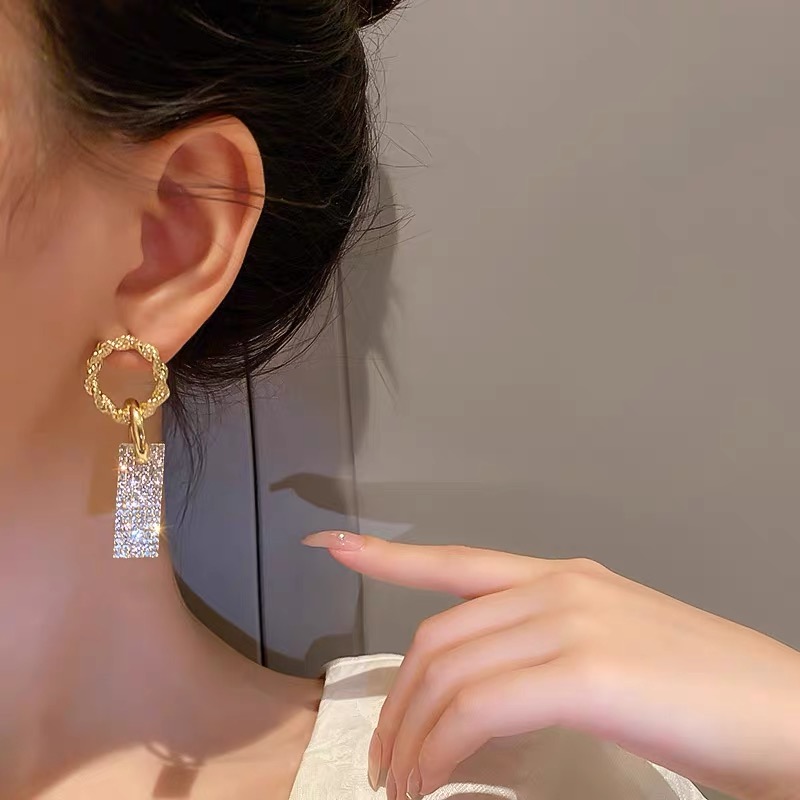 France Style Women's Luxury Zircon Square Pendant Earrings Gold Color Round Shiny Earrings For Women Trendy Jewelry