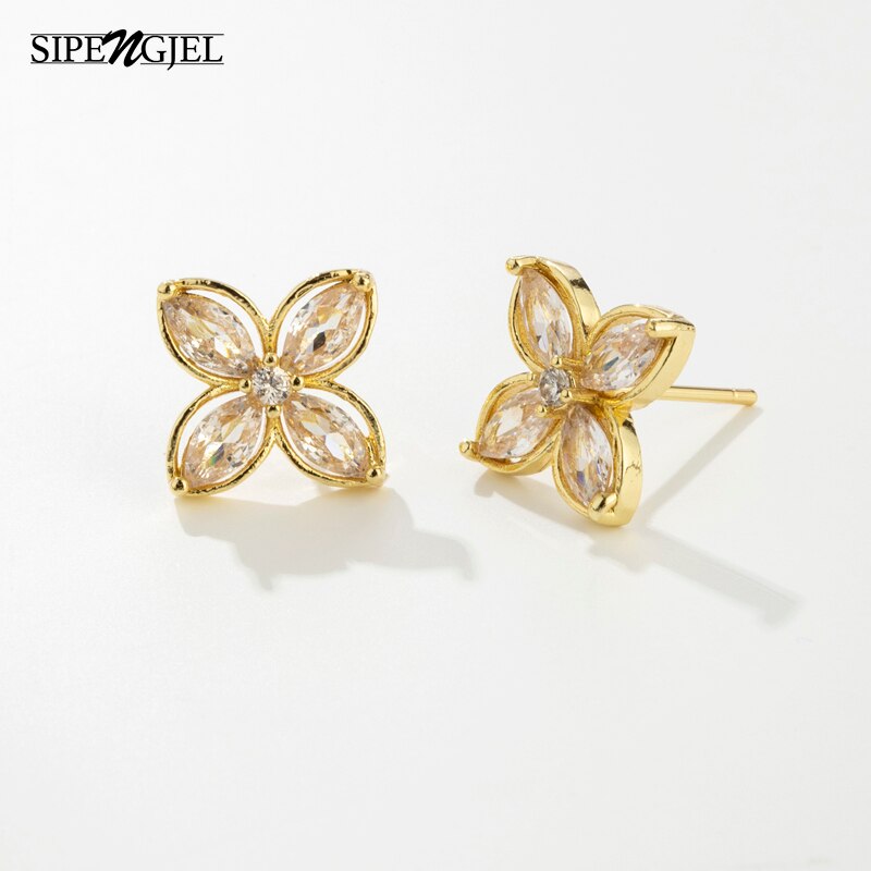 SIPENGJEL Cubic Zircon Crystal Flower Shape Earrings Gold Plante Stud Earrings for Women Party Jewelry