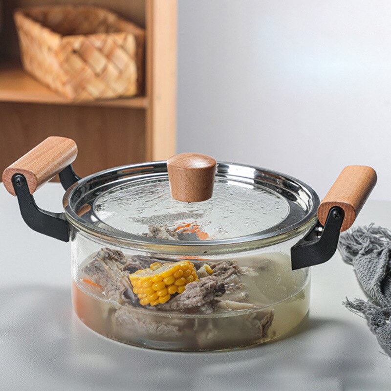 Marmite transparente à double oreille en borosilicate, grande capacité, en verre, à feu ouvert, marmite à ragoût, marmite à soupe domestique