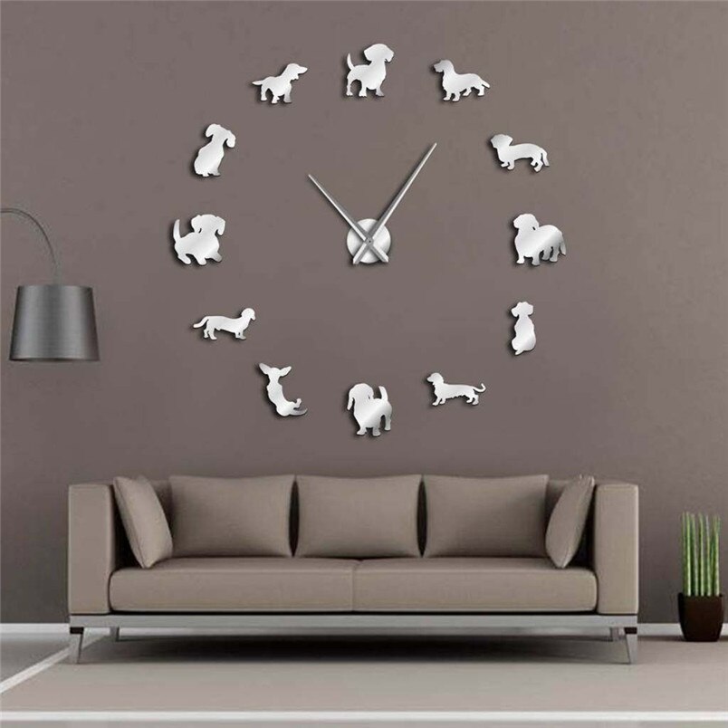 3D Mirror Wall Clock Dog Puppy Frameless Giant Clock for Home Room Decorative Wall Clocks 20f20