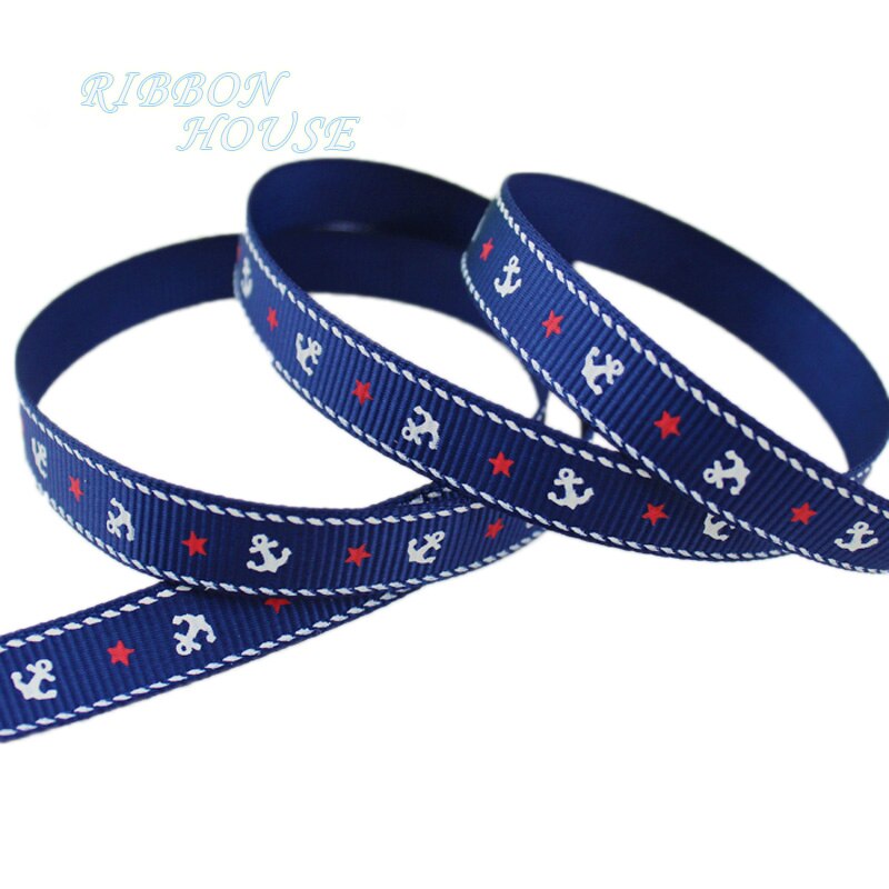 (25 Meter/stuk) 3/8 ''(10Mm) gedrukt Grosgrain Lint Off Wit Anker Serie Linten Decoratie Linten: Donkerblauw
