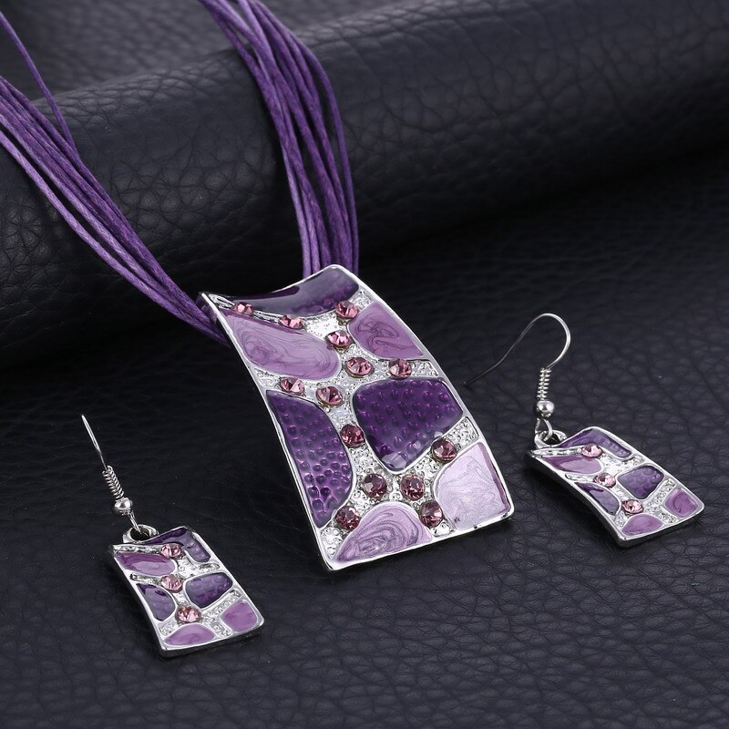 Mode Gem Vierkante Emaille Sieraden Set Zilver Kleur Schilderen Hanger Ketting Oorbellen Bruids Sieraden Sets Voor Vrouwen Bruiloft: F840