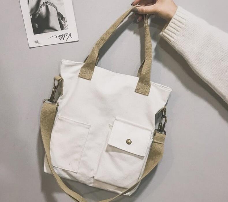 Autumn and Winter student canvas shoulder bag casual handbag: Ivory