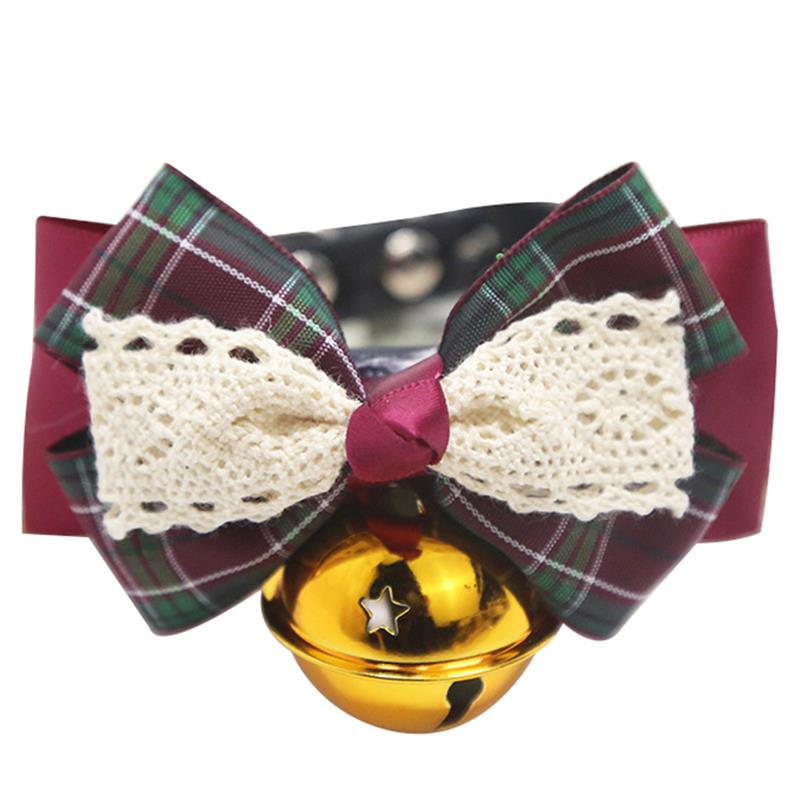 Cute Pets Cat Dogs Adjustable Collar Leather Bowtie Necktie Plaid Lace Bowknot with Bell for Wedding Party Cat Dog Grooming Tie: Wine Red Golden Bell / S