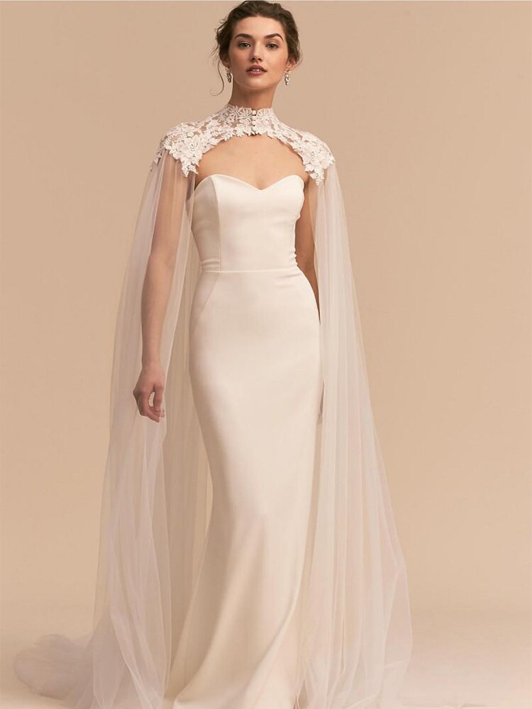 Bridal wedding shawl applique high collar transparent mesh cloak train church wedding jacket stage pageant dress accessories