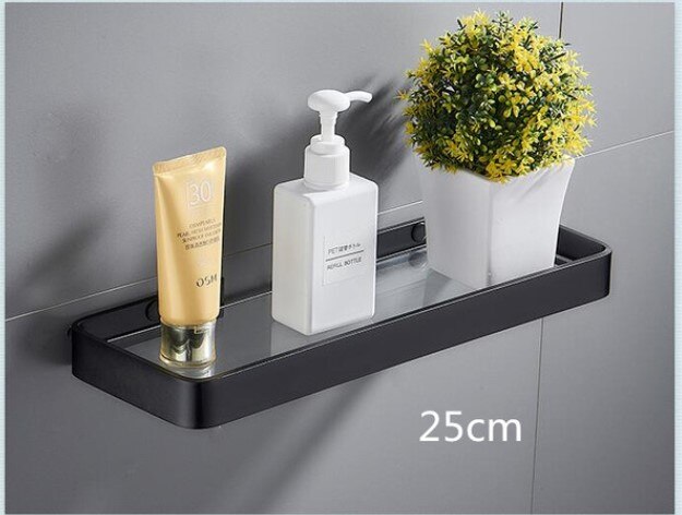 Badeværelseshylde bad bruser hylde søm fri glas hylde satin badeværelse hjørne hylde 25-50cm aluminium køkken opbevaring holder: 25cm sorte