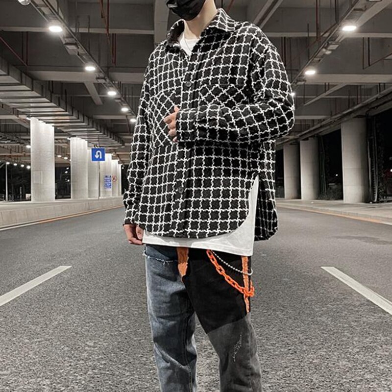 Camisa a cuadros de flor de anacardo para hombre, camisas de vestir de bloque de Color, ropa de calle japonesa Harajuku, solapa