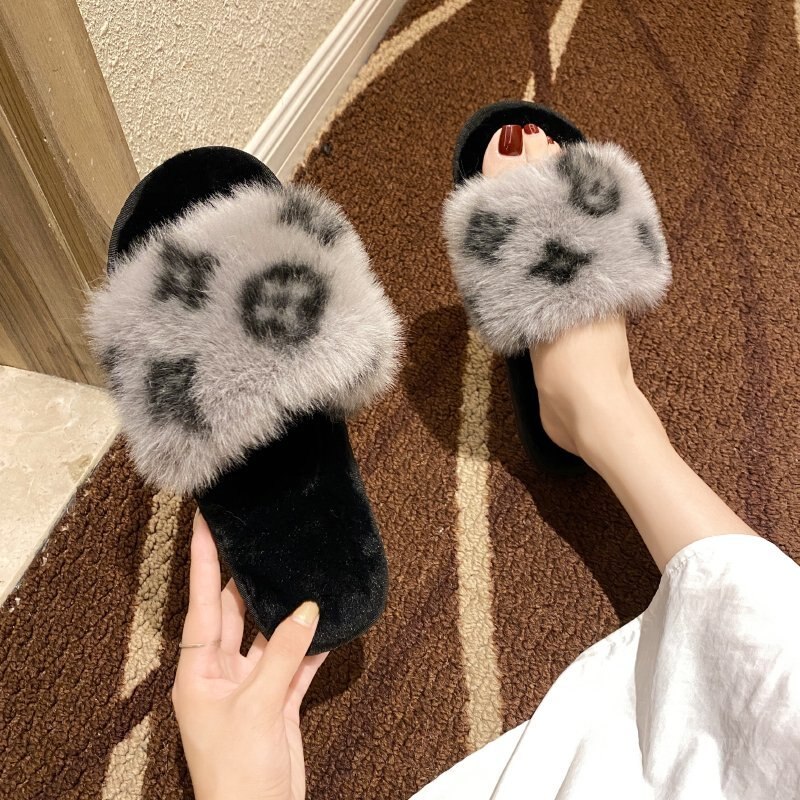 Varme sko kvinde vinter tøfler imiteret pels kvinder tøfler slip on flip flops pels tøfler kvindelige slides plus str.