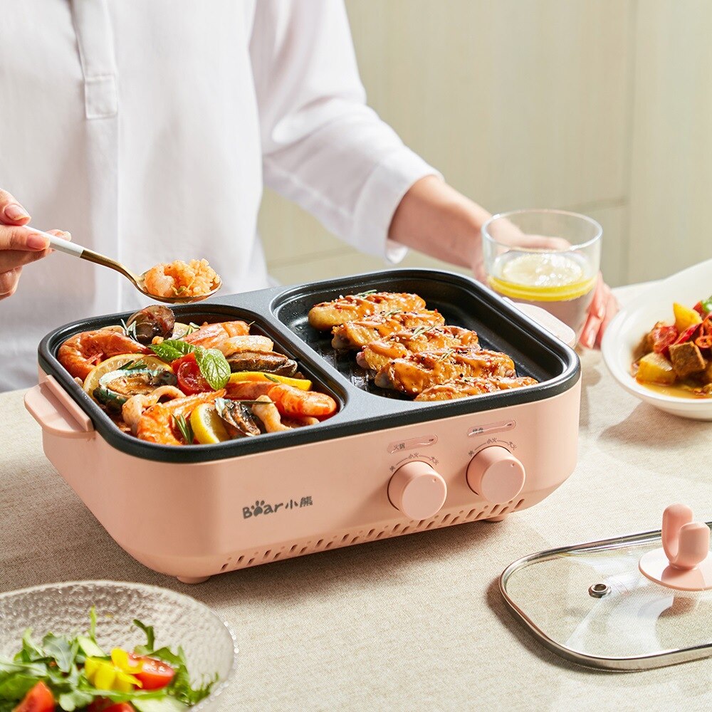 Horno eléctrico 2 en 1 para máquina de barbacoa, olla de cocina eléctrica, olla a la parrilla, decocción de doble uso, Multicooker, sartén para barbacoa de 220V